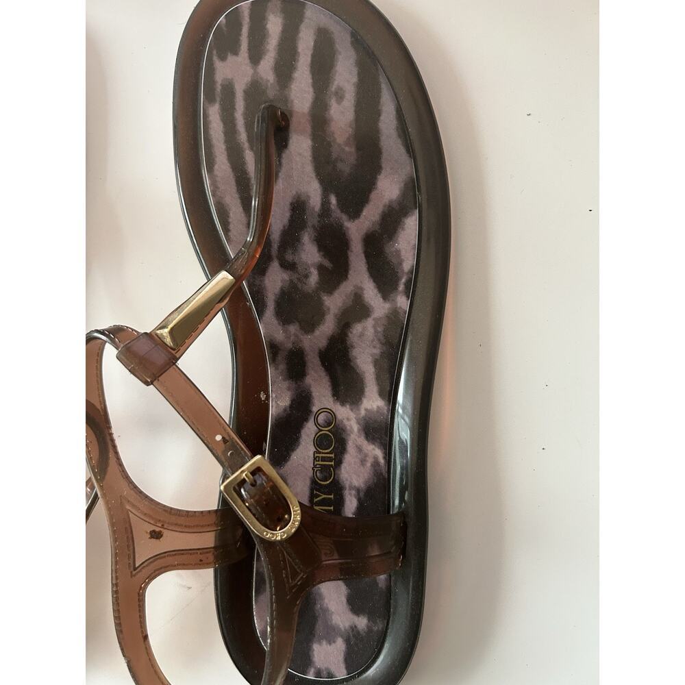 Jimmy Choo Brown Leopard Print Jelly Sandals T-Strap Flat Size 39 Made in Italy - Picture 5 of 9